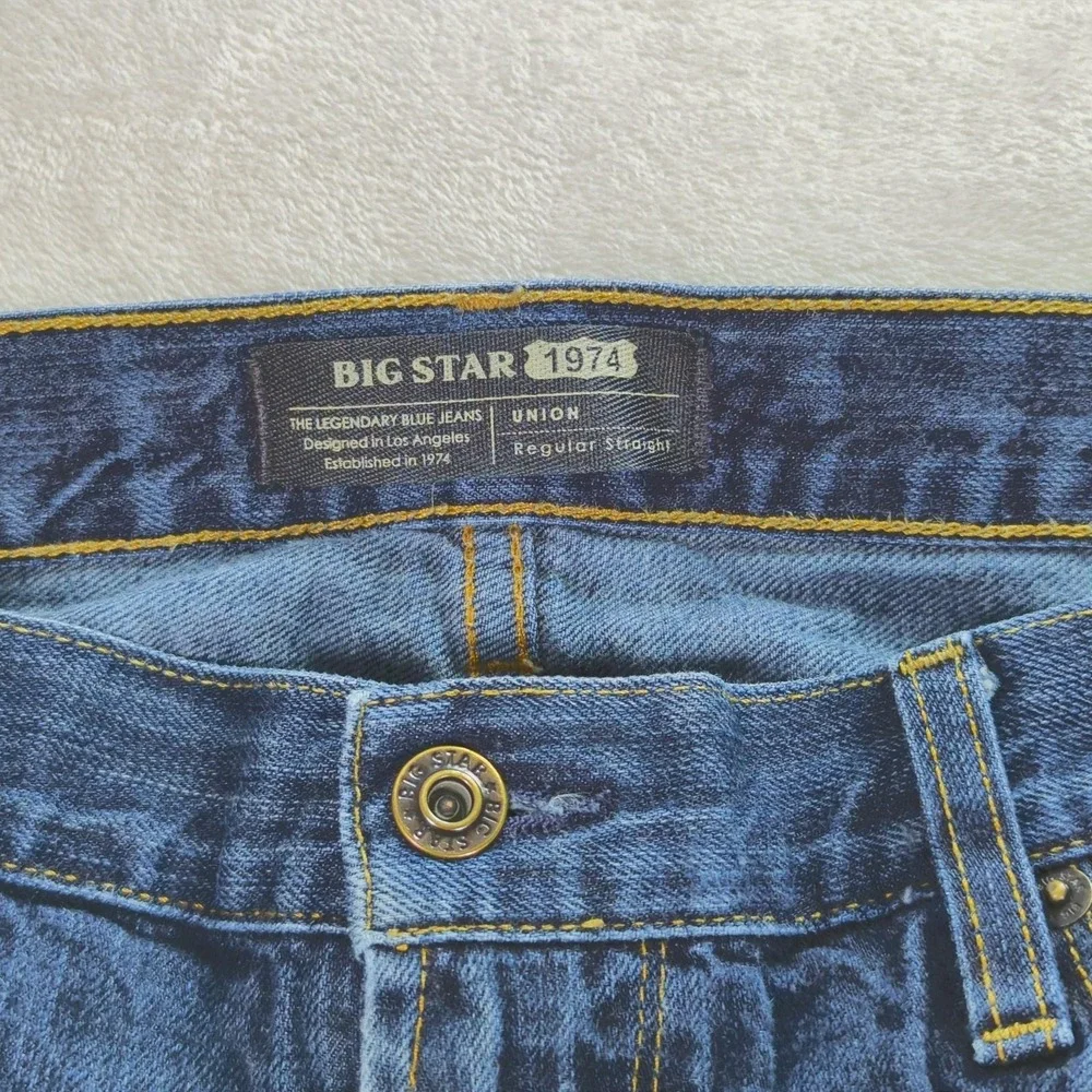 Big Star 1974 Union Jeans Mens 36x32 Blue Regular Straight Distressed‎ Denim